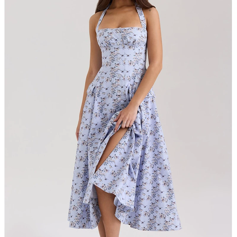 Vintage Floral Print Sexy Backless Halter Elegant Dress Women A-line Slim Midi Long Summer Dresses Party Robe 2025