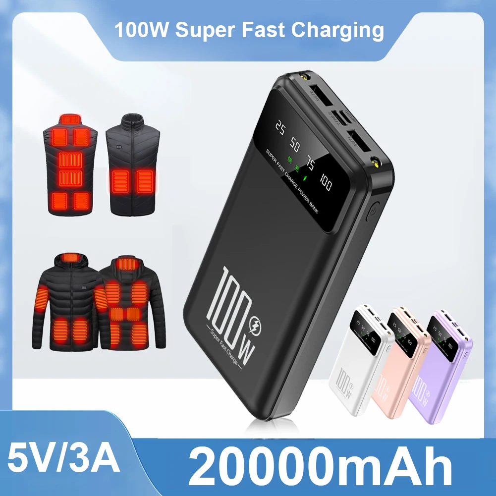 

Portable Power Bank 20000mAh PD 20W Type-C Fast Charger with 3 Outputs LED Light for iPhone 14 15 Heating Vest Jacket Socks