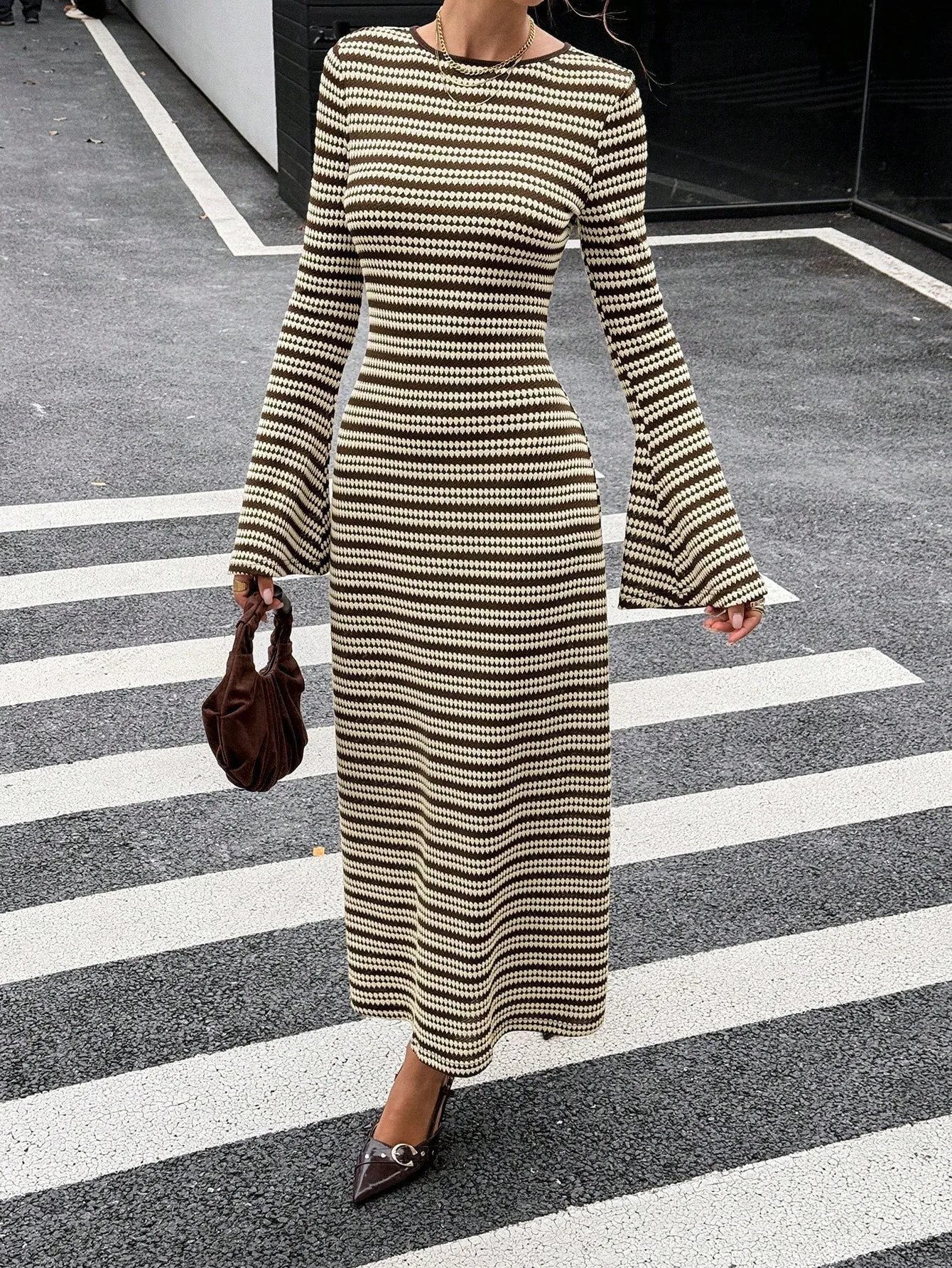 Women's Autumn Winter Striped Backless Bell Long Sleeve Knit Dress