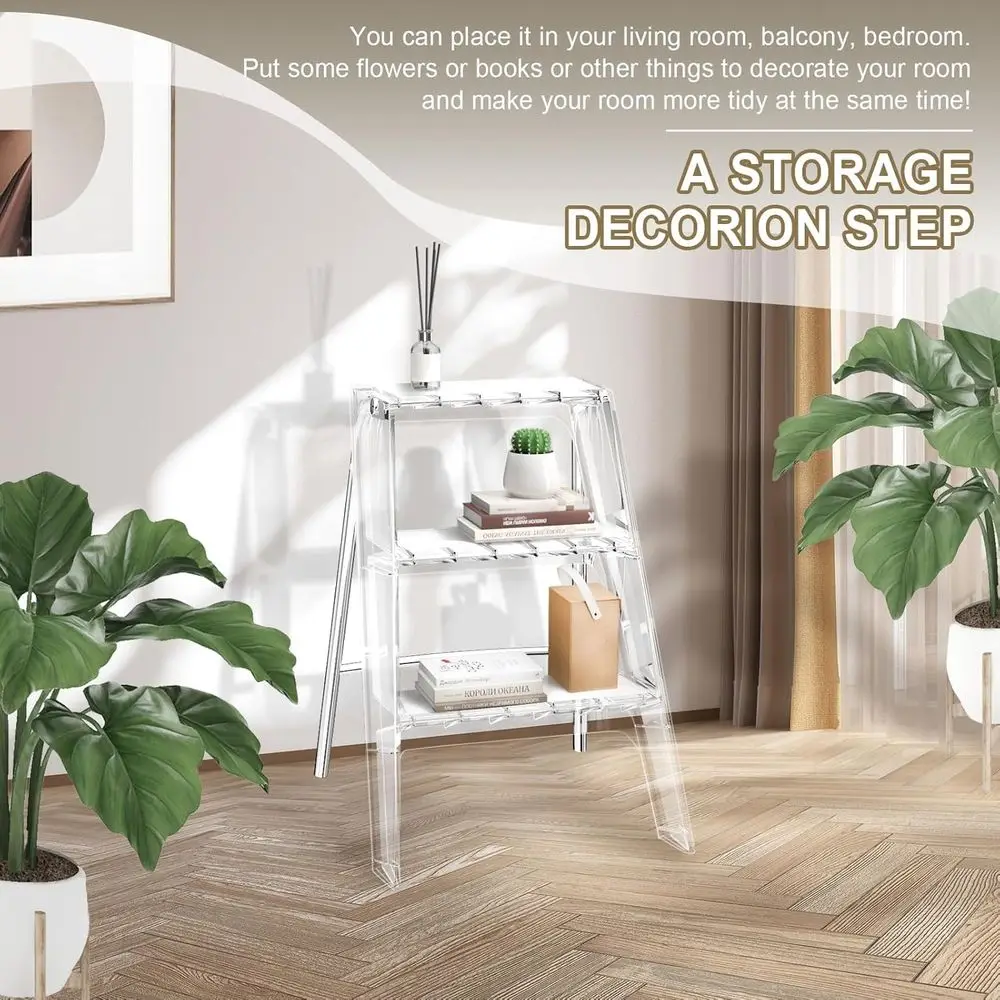 Transparent 3-Step Acrylic Folding Stool for Adults, Modern Decorative Storage Shelf, Flower Rack, Photography Accessory
