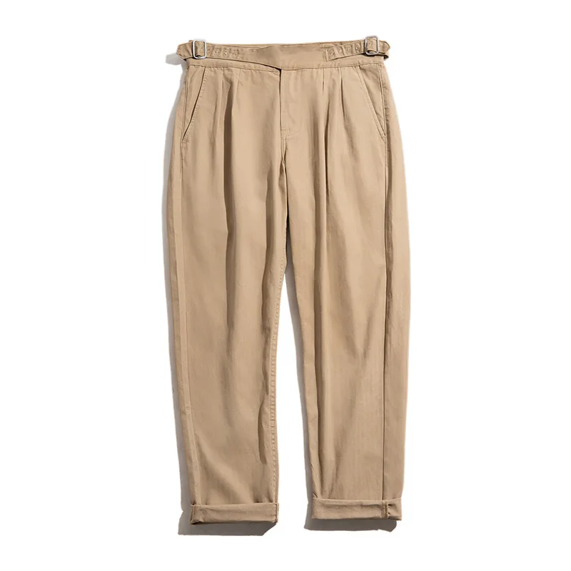 Maden Vintage Adjustable High Waist Gurkha Pants Men\'s Casual Double Pleated Straight Tapered Pants Amekaji Cotton Trousers