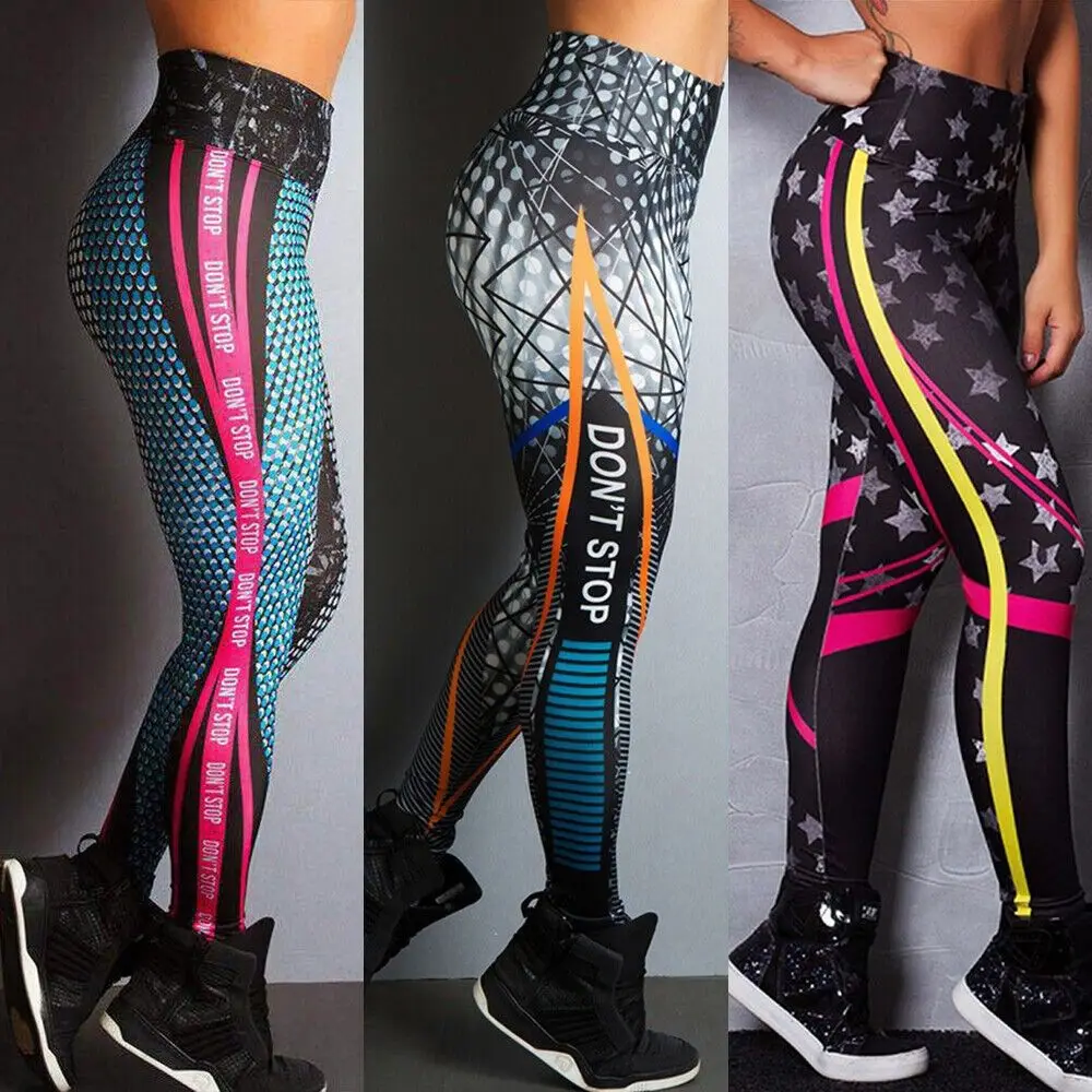 2023 Digital Print Letter Sport Yoga Fitn Pants Women plus Size Leggings Tummy Control High Waist Nine Points Pants