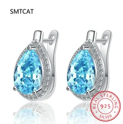 Pear Genuine Blue Topaz Garnet 925 Sterling Silver Water Drop Hoop Earrings for Women Colorful Gemstone Fine Jewelry Huggies