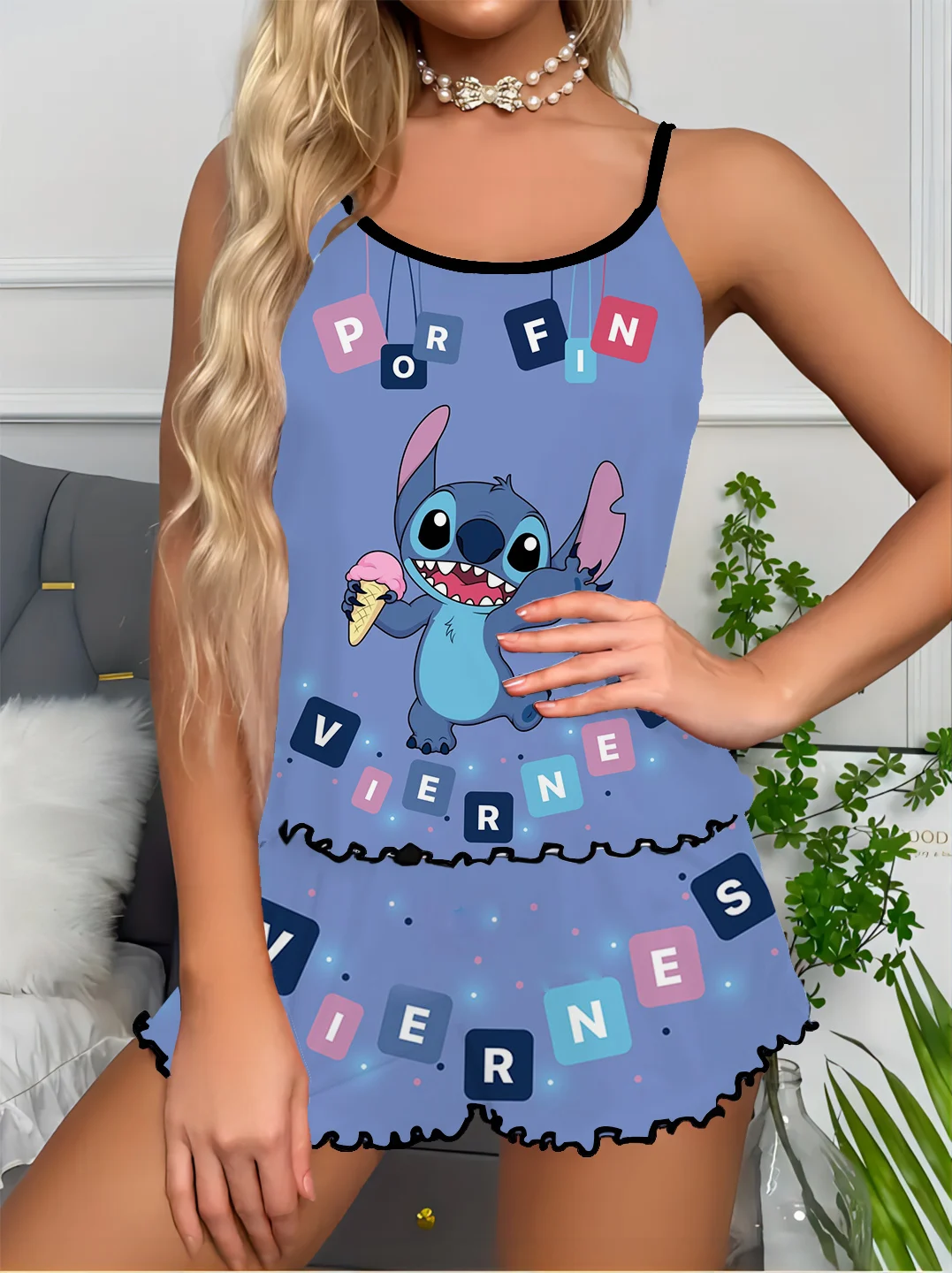 Disney Series Printed Leisure Comfortable Home Simple Satin Cute Cartoon Cool Pajama Set Waist Slimming Sexy Pajamas