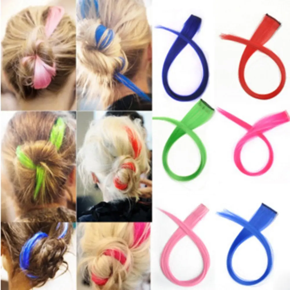 Extensiones de Cabello sintético para fiesta, pelo liso con Clip colorido, 13 piezas, 55cm, arcoíris