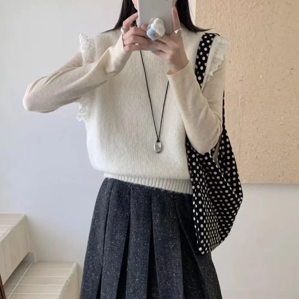 عادية جولة الرقبة الدانتيل سترة بلا أكمام بلون البلوز تريكو المرأة الكورية نمط الحلو محبوك صدرية الفتيات #1