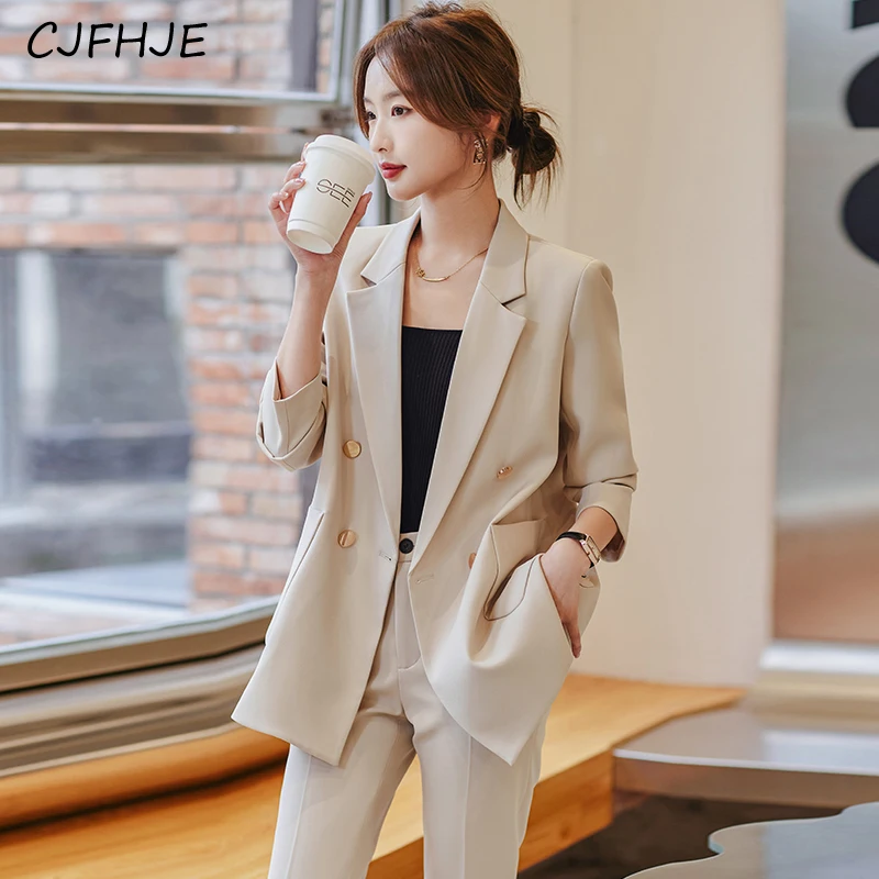CJFHJE Women's Fashion Temperament Professional Suit Spring Korean Casual Double Breasted Women Long Sleeved Suit Formal Coat
