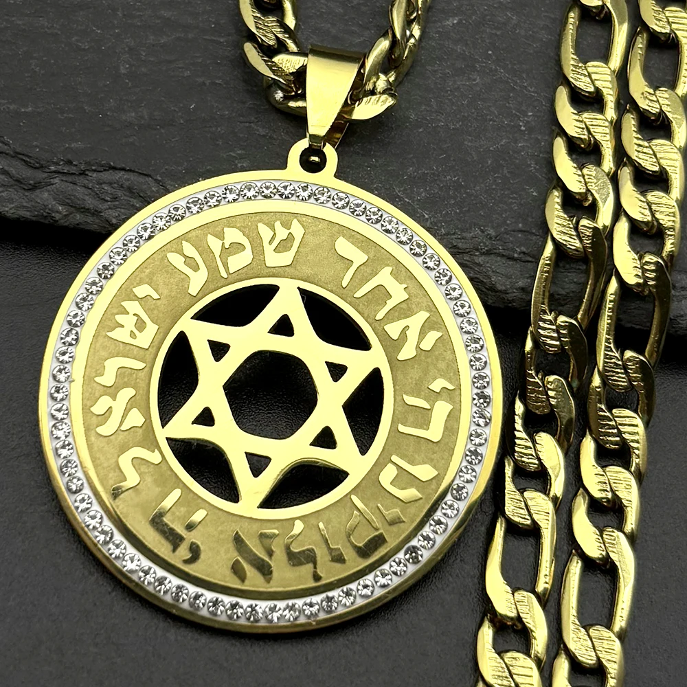 Hebrew Star of David Crystals Pendant Necklace for Women Men Stainless Steel Gold Color Jewish Hexagram Hip Hop Chain Jewelry