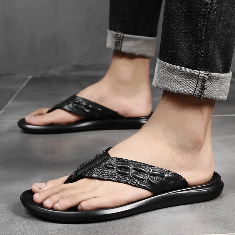 Men's Flip Flops Beach Slippers Shoes Flat Sliders Slides Sandals-Slide Genuine Cow Lerther Handmade For Male Casual Leisure Fas