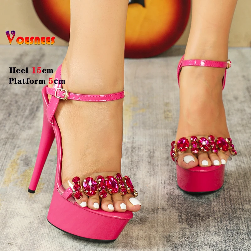 New Summer Shiny Big Diamond Women Sandals Wedding High Heels Model T Show Sandals Platform 15CM Rose Red Fetish Stripper Shoes