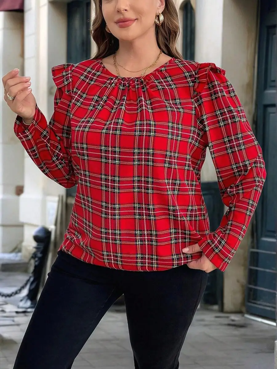 

Red Plaid Long Sleeve Blouse With Ruffle Sleeve Detail For Women Autumn Casual Top