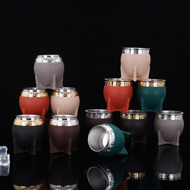 Taza Mate de doble capa de acero inoxidable con textura de cuchara de paja, tazas de fondo plano de cáscara de huevo, tazas de agua creativas para cocina