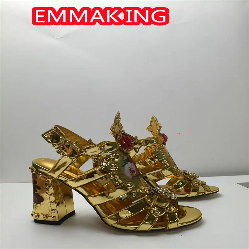 Luxury Flowers Golden Revits Chunky Heels Women 2024 New Round Toe Printing Runway Girl Gladiator Cutout Fashion High Heels Shoe