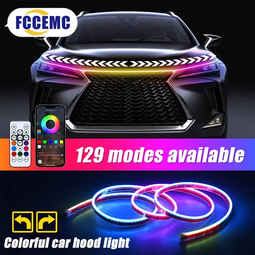 Luz LED RGB para capó de coche, 12V, con señal de giro DRL, Control por aplicación multifuncional, tira de neón, luz de circulación diurna, lámpara decorativa para coche