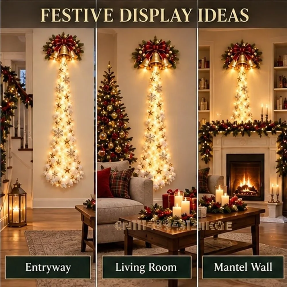Christmas Magic Trail Wall Light, LED Cascading Holiday Decor,Bell Hanging Display with Stars Snowflakes for Indoor Window Door