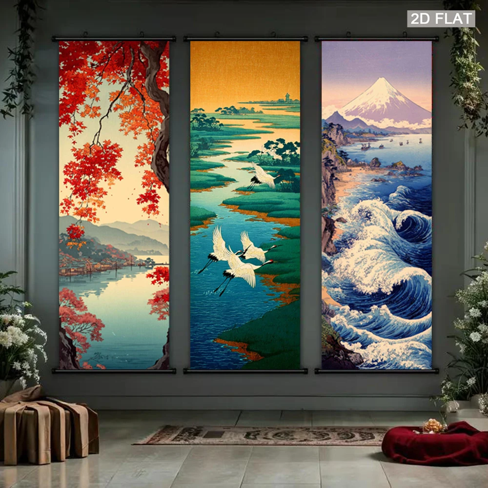 VIKAMA Ukiyo-e Landscape Wall Scroll Tapestry, Vintage Red Maple Flying Cranes Mount Fuji, Ocean Poster, Home Wall Hanging Decor