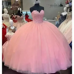 Vestidos de Quinceañera de tul con Apliques de encaje Rosa Puff, vestido de fiesta de noche de graduación con cuello en forma de corazón, sin mangas, 15 años, 2024