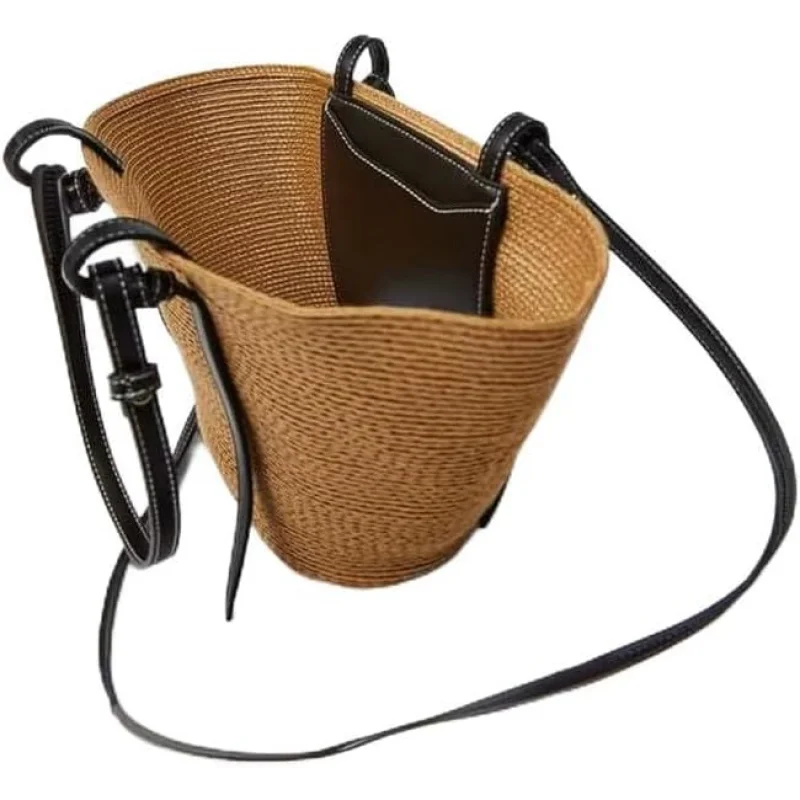 Panier Соломенная тканая сумка-тоут Веганская кожаная сумка с ремнями Внутренняя сумка Пляжная приморская плетеная корзина из рафии из ротанга Большой кошелек Фермера