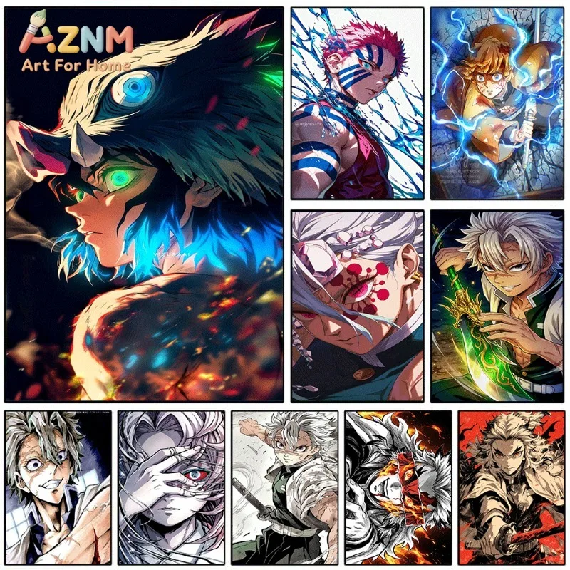 Cuadro decorativo de lienzo con motivos del anime Demon Slayer: Inosuke, Akaza, Sanemi y Tengen. Póster sin marco, ideal para decorar el hogar, la habitación de un adolescente o la pared de un dormitorio.