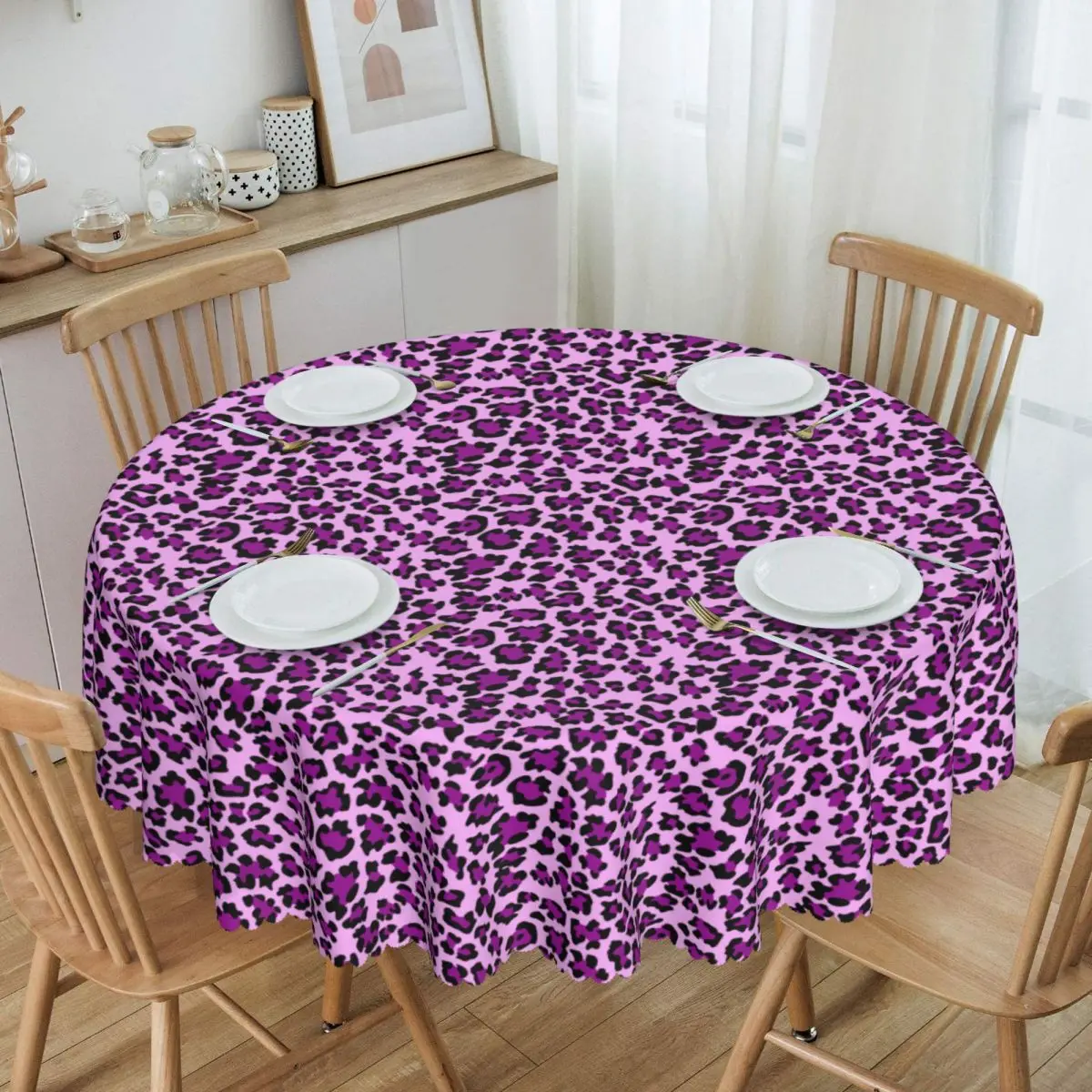 

Customized Round Waterproof Cute Purple Leopard Print Table Cover Animal Seamless Tablecloth for Dining 60 inches Table Cloth