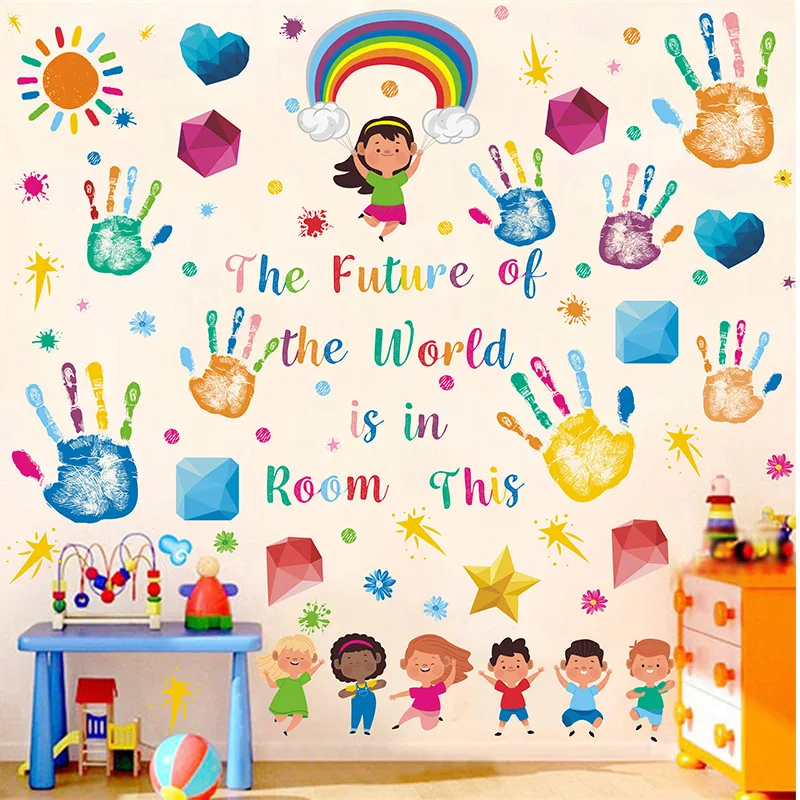 

8pcs x20x30cm School Classroom Kids Wall Decoration Stickers Palm Rainbow English Stickers Children Pvc Wall Sticker Decals