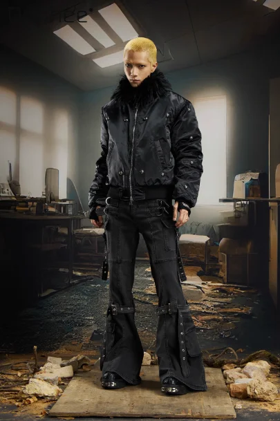 2025 شتاء جديد الأمريكية الرجعية الشرير نمط الرجال الأسود الدافئة سميكة عارضة سترة قطن قصيرة مع طوق الفراء #1