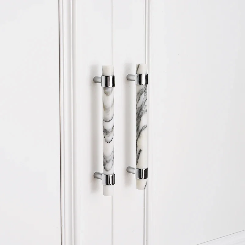 yesFurniture Wardrobe Handles Shoe Cabinet Drawer Knobs Natural White/Black Marble + Solid Brass Silver Shiny Chrome Long Handle