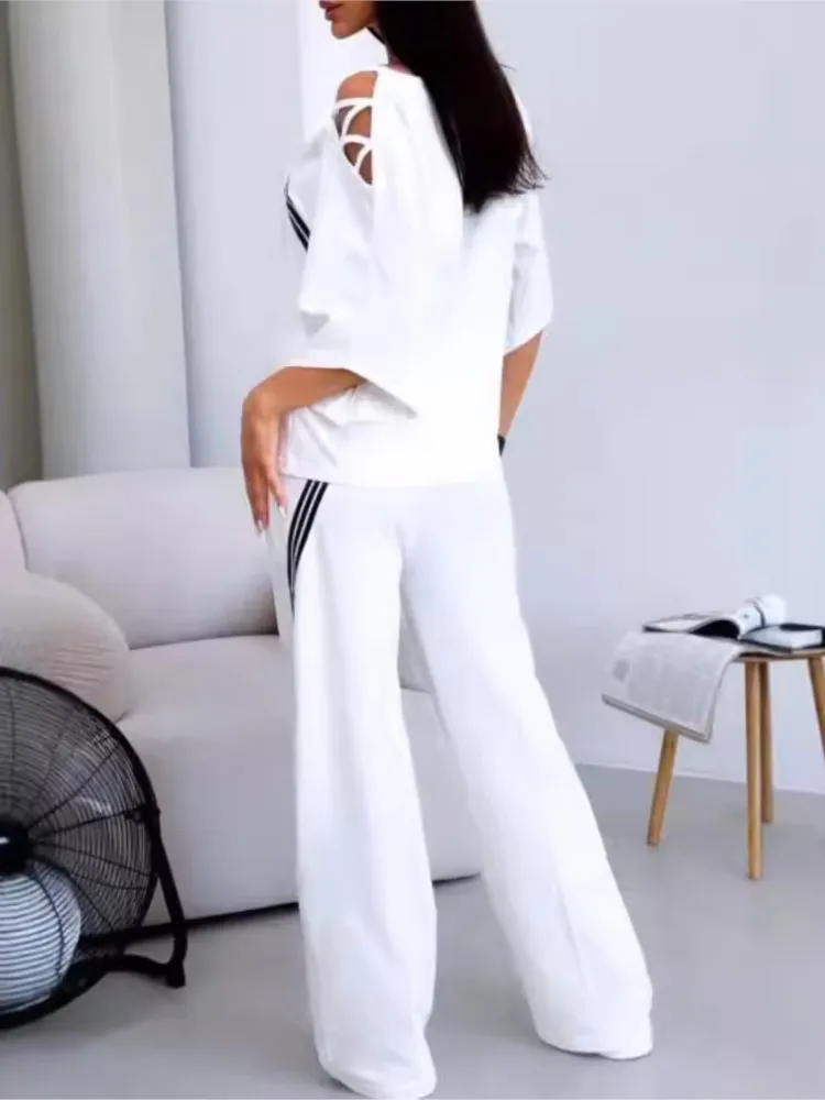 Set da due pezzi in cotone moda donna tuta sportiva bianca camicia ampia sexy con spalle scoperte + pantaloni casual abbigliamento sportivo tuta da donna 2 pezzi