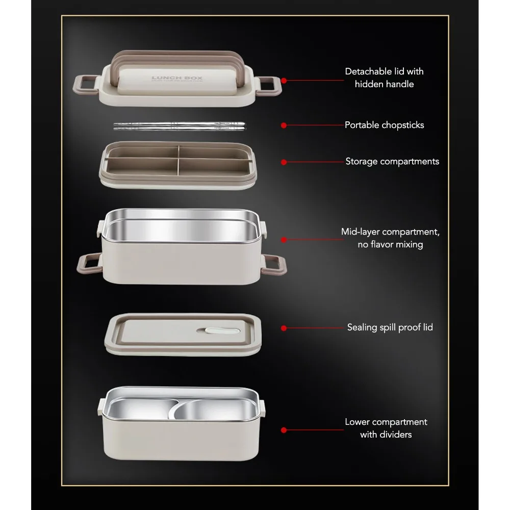 Portable 304 Stainless Steel Lunch Storage Container 2 Tier 2000ml Thermal Lunch Box Food Container For Camping