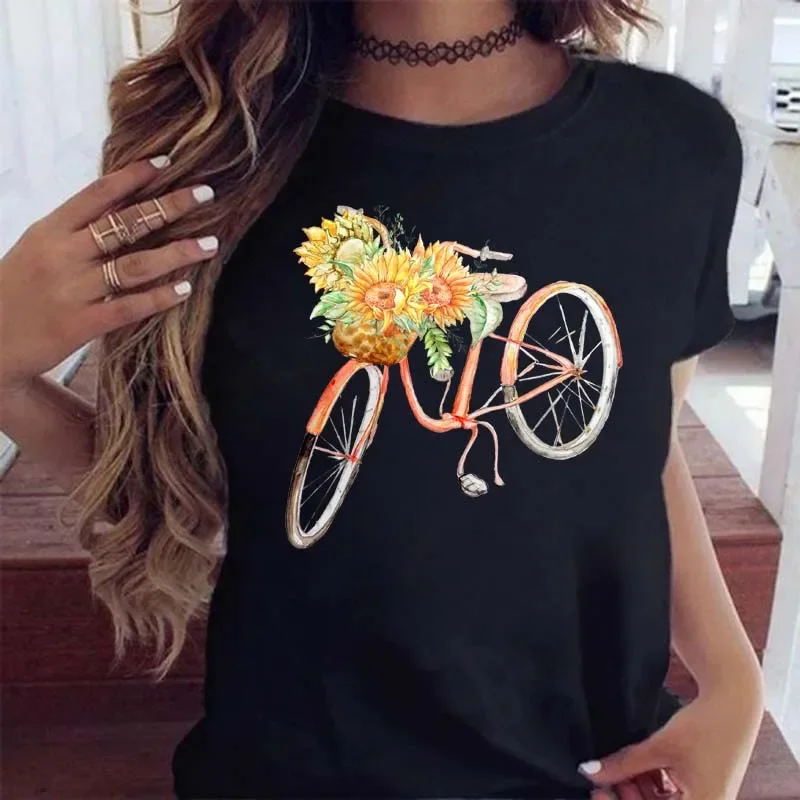 Woman Funny Bicycle Floral Print Harajuku Women Tshirts Casual O-Neck Short Sleeves Tops Shirt Harajuku Short Sleeve Casual