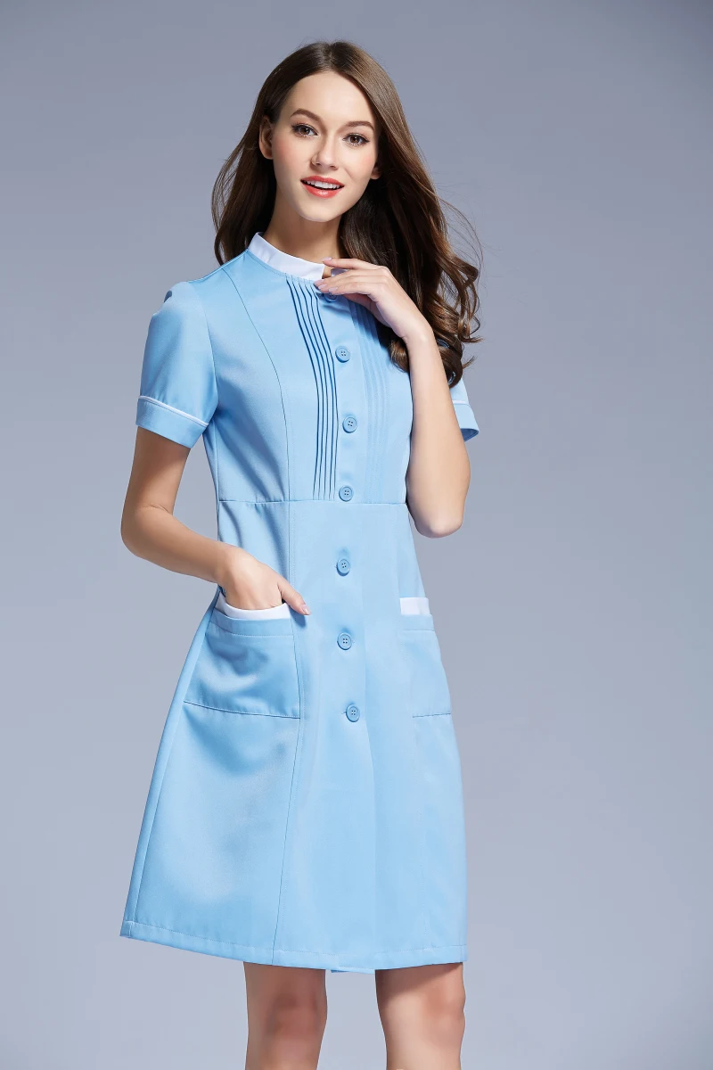 

Women's Front Button Opening Beauty Salon Nursing Uniform Chemist's Shop Clinic Short Sleeve Fashionable Working Wear Long Gown