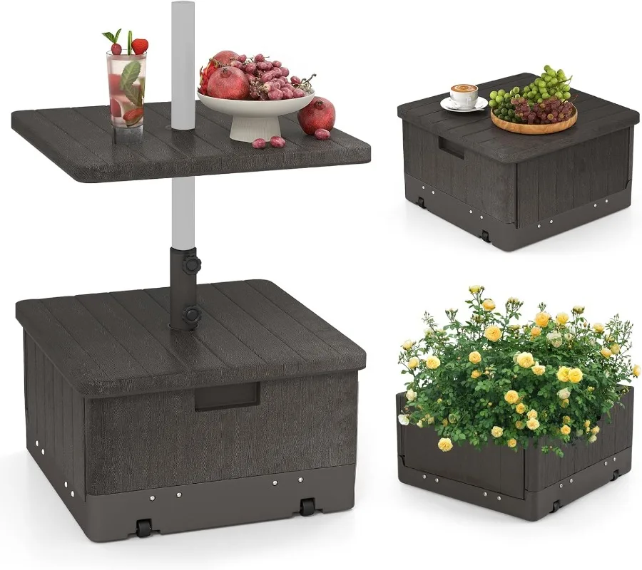 

3-in-1 Patio Umbrella Base, 175 LBS Moveable Umbrella Stand w/Table Tray & Weighted Bag, Side Handles, HDPE Frame, 2 Po