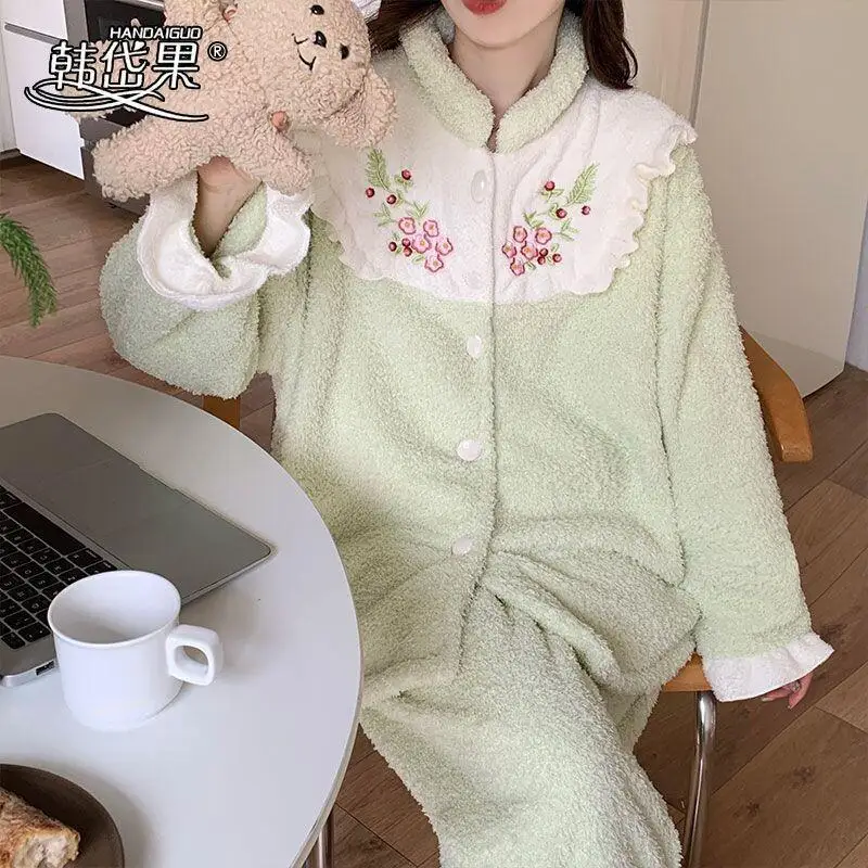 

Coral Fleece Sleepwear Women's Winter Thick Flannel Sweet Long Sleeved Pants Princess Style Warm Home Suit Set Sexy Pajama Sets