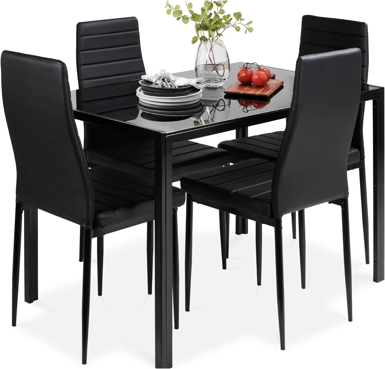 

5-Piece Glass Dining Set, Modern Kitchen Table Furniture,Compact Space-Saving w/Glass Tabletop, 4 Upholstered PU Chairs