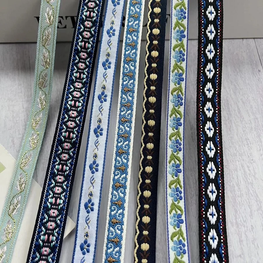 50 Yards/lot Ethnic Style Webbing Woven Jacquard Ribbon Blue Flowers for Garment accessories LS-2240 Width 1-1.5 CM