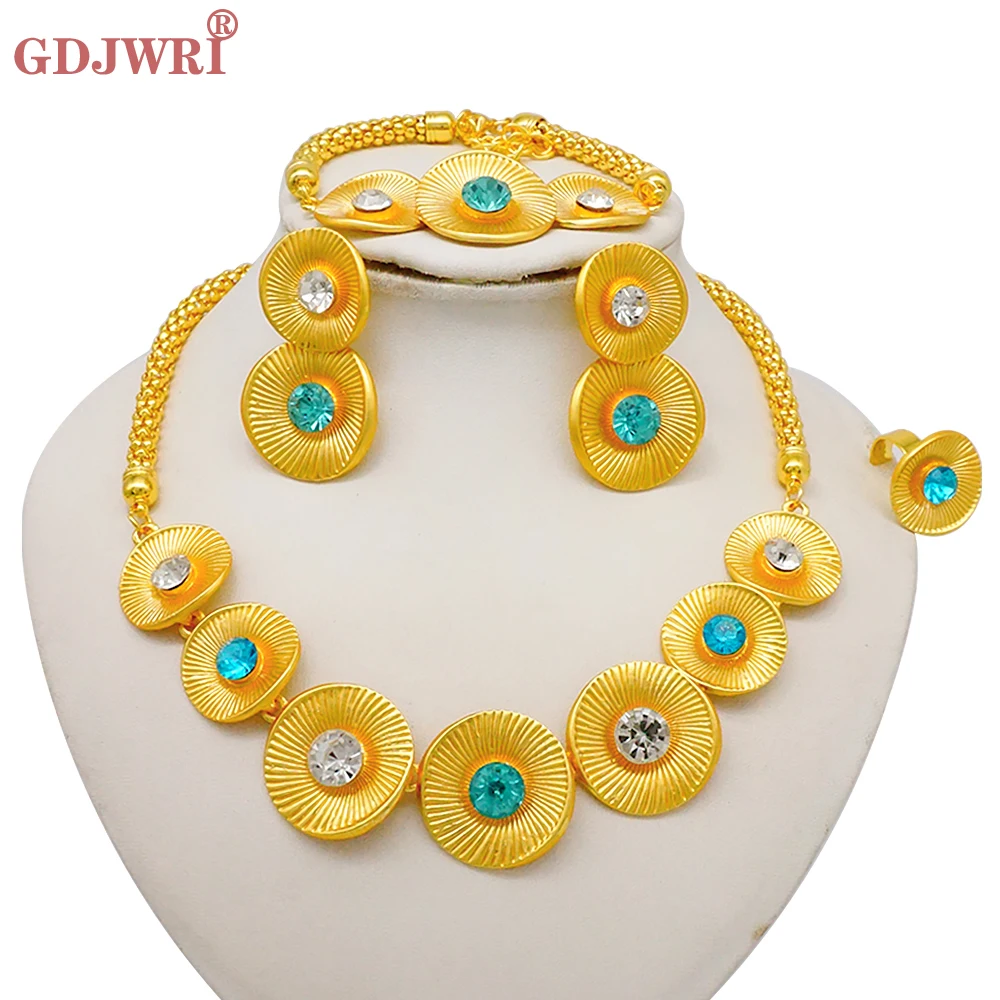 Luxus Dubai Gold Farbe Doppels chicht Halskette Schmuck Sets für Frauen afrikanischen Wasser tropfen Kristalls chmuck indischen Set Geschenke – Detail 17