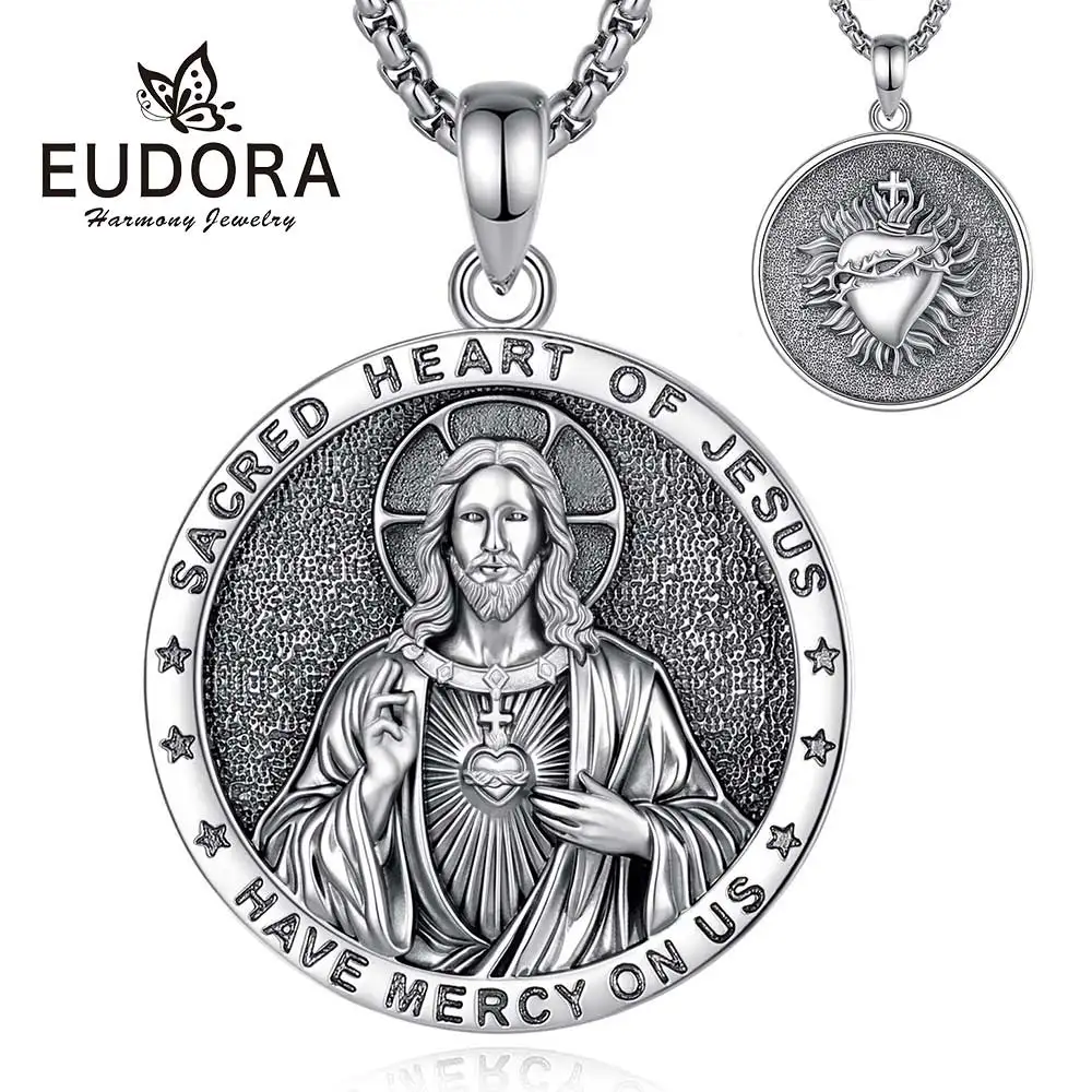 Eudora Copper Sacred Heart of Jesus Necklace for Men Women Jesus Medal Pendant Christian Amulet Religious Jewelry Festival Gift