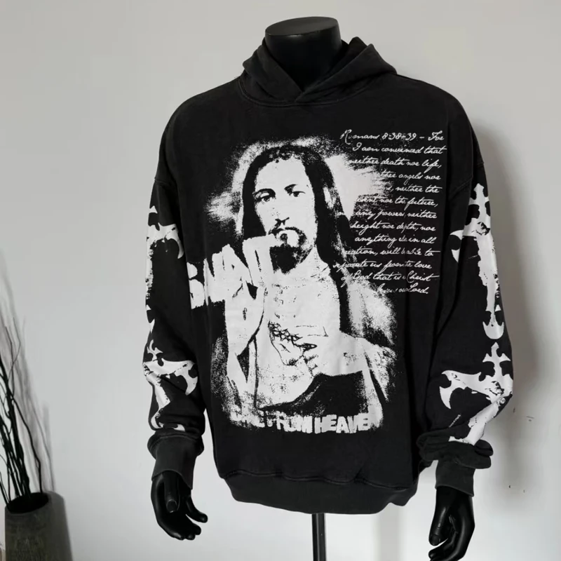 American Trend Men Women Daily Wear SAINT Hoodie Vintage Washed Do Old Pullover High Quality Portrait Print Saint Sweatshirt