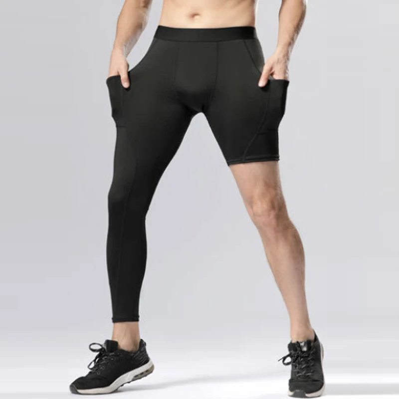 Men One Leg Compression Tights Pants Stretch Basketball Base Layer Tights Sport Running Trousers With Pockets Fitness Training