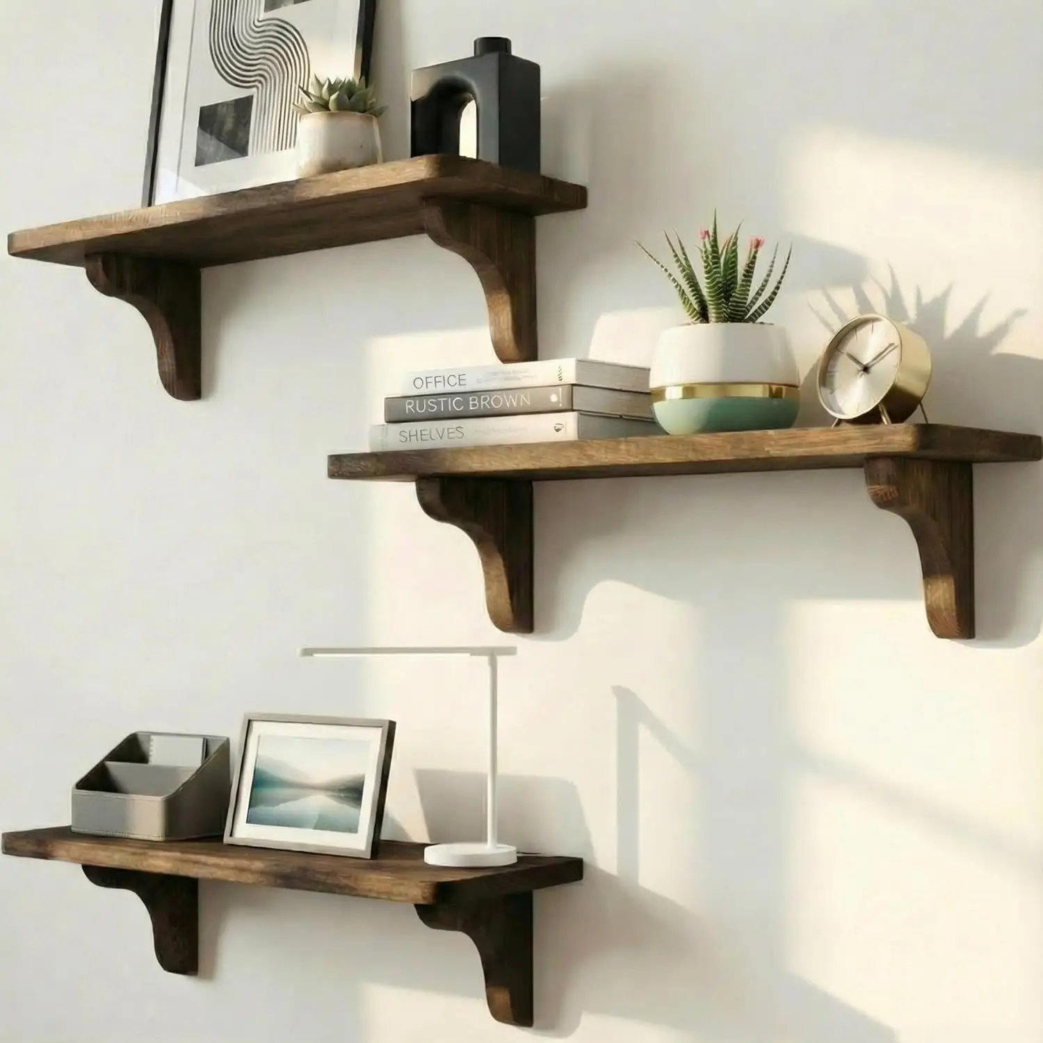 

Real Wood Wall Mounted Shelving Rustic Wood Shelves with Brackets - 17 inch (3 Pack) - Easy to Install, Template and Vi