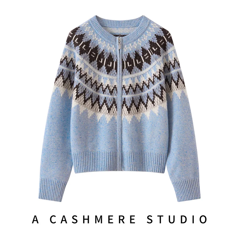 CHICUU luxe femmes 100% cachemire épais Vintage Jacquard Cardigan pull col rond Fair Island cachemire tricots automne hiver