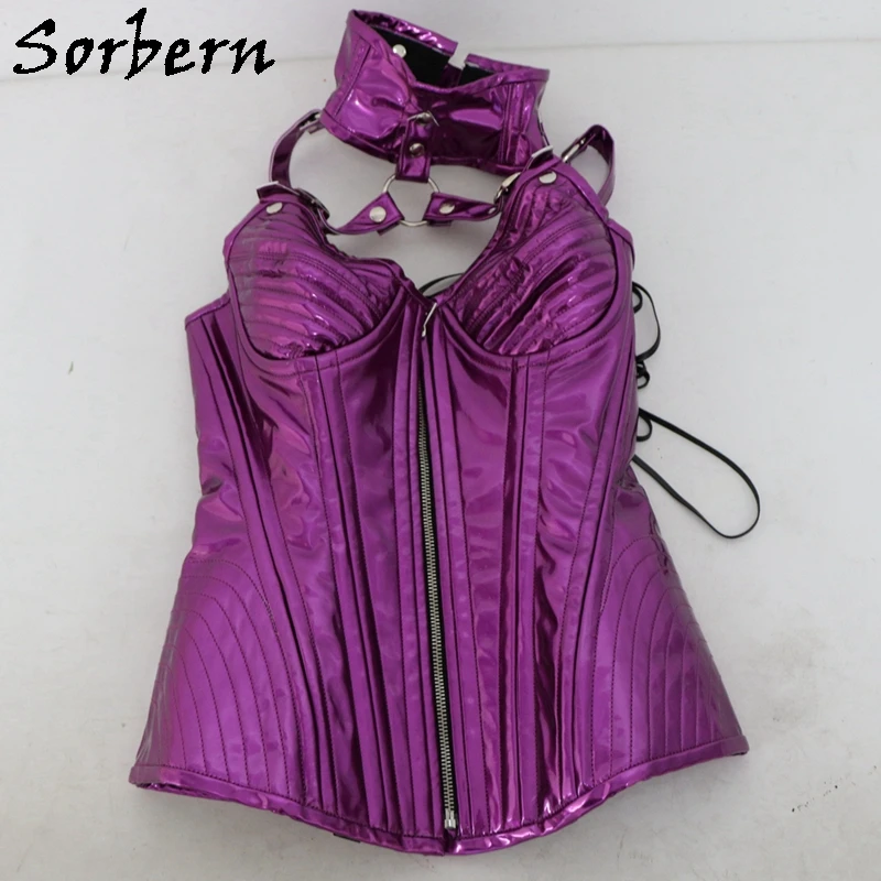 Sorbern-corsé de busto completo metálico personalizado para mujer, corsé de hueso de acero con remaches de cuello, orificios de ojales, cordones en