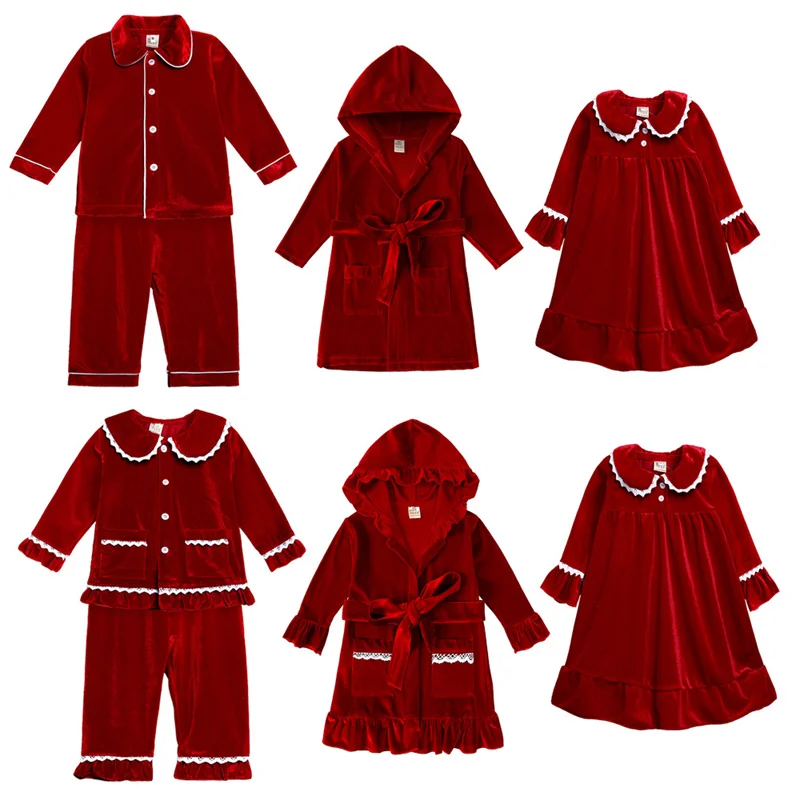 

2023 New Style Christmas Kids Baby Boys Girls Button Velvet Pajamas Family Festival Children Hooded Cardigans Coats