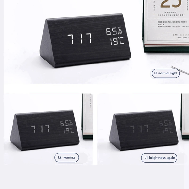 Alarm Clock Digital Wood Digital Radio Clock LED Table Clock With Humidity And Temperature Display USB Power Connection