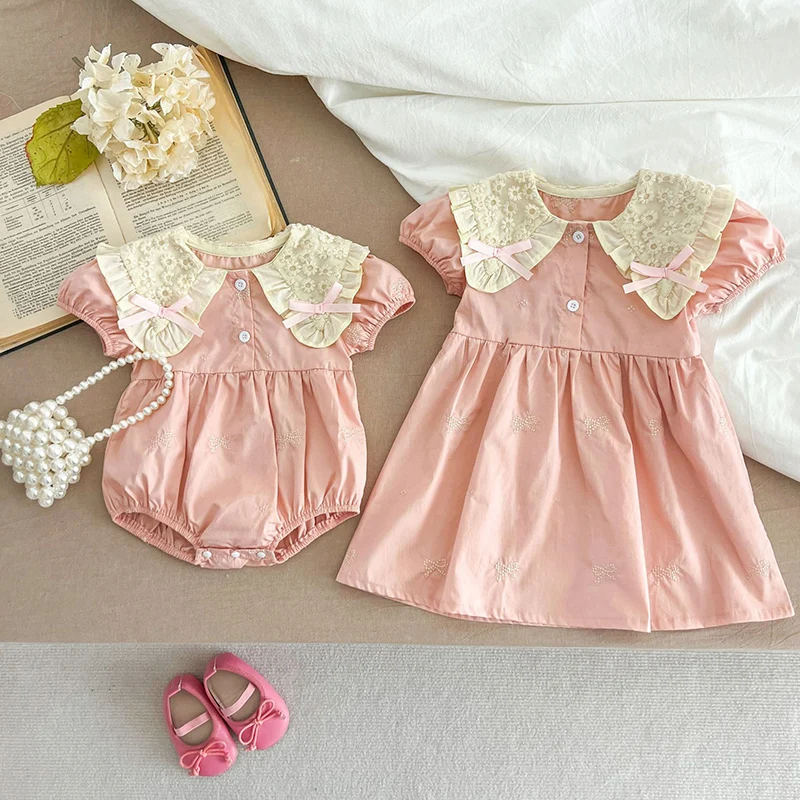 Baby Girls Clothes Summer Sisters Dress Kids Sweet Embroider Bow Lace Sisters Rompers Kids Baby Girls Children Clothes Dress