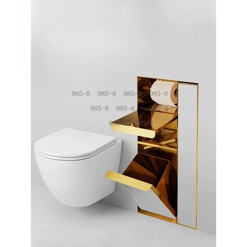 Embedded Bathroom Niche Wall Cabinet Beside Toilet, 304 Stainless Steel Hidden Trash Can with Door Tissue Box