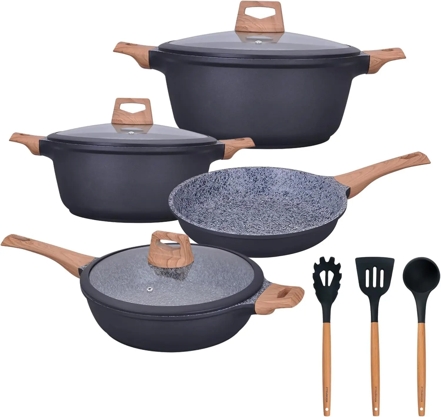 

7-Piece Granite Cookware Set with Lids, Non-Stick Aluminum Pots and Pans, Wood Handles, Ceramic Pan Set + 3 Utensils