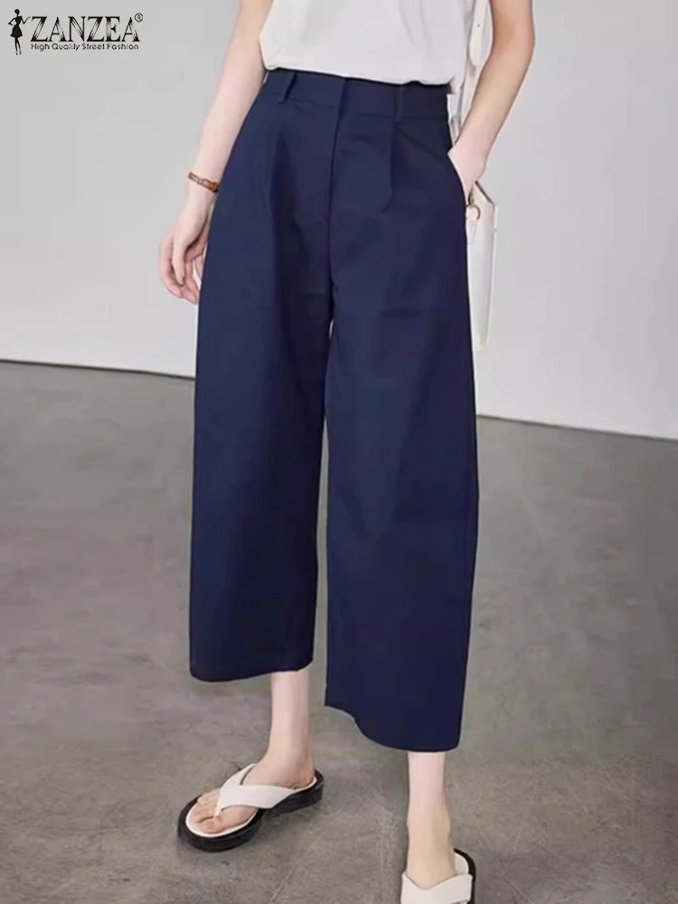 

ZANZEA Vintage Office Wide Leg Trousers Casual Long Pants 2024 Summer Korean Fashion High Waist Pocket Pants Solid Work Pantalon