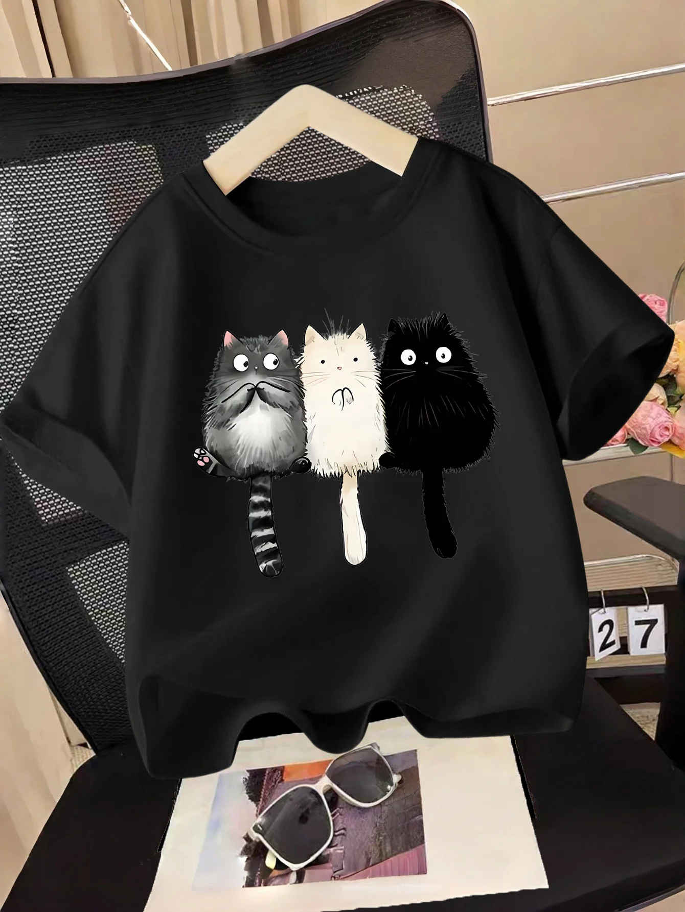 Three Fluffy Cartoon Cats Cute Animal Graphic Print T Shirt Family Matching Boys Girls Kids Short Sleeve Daily Tees
