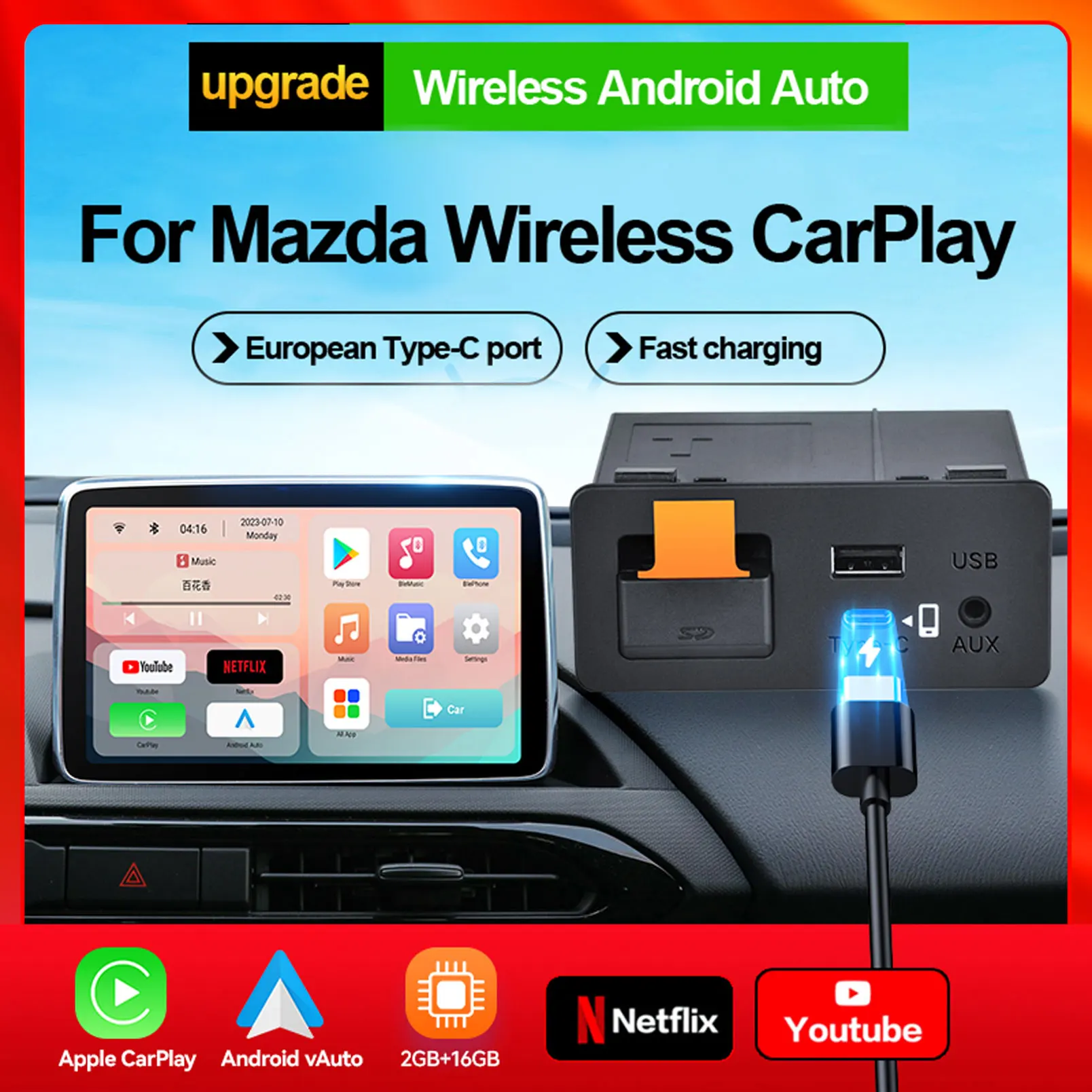 P3.2 ricarica di tipo c CarPlay Android AUTO Wireless Connected Watch YouTube Netflix video per Mazda 2 3 6 CX30 CX5 CX8 CX9 MX5